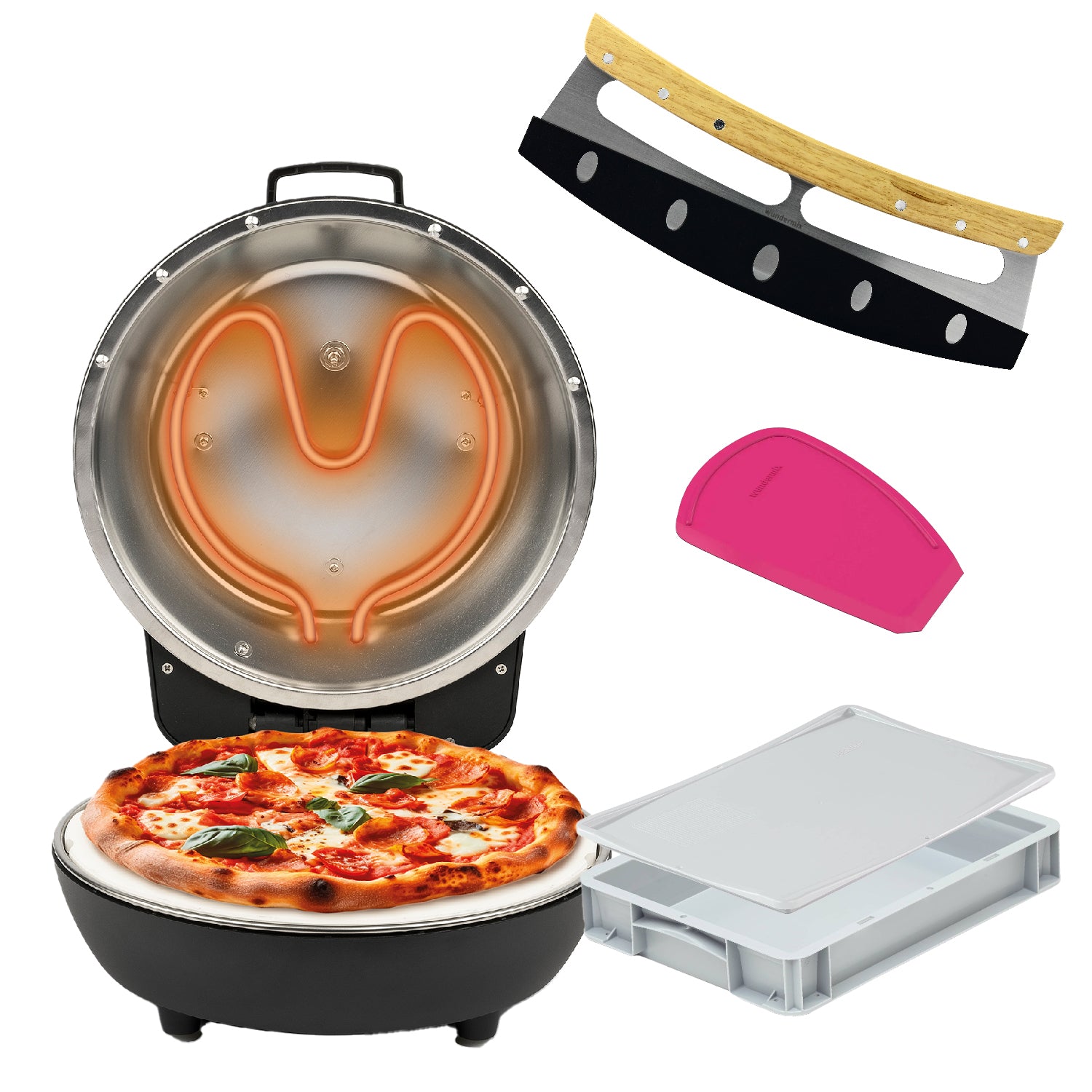 Pizza Set Four à pizza Pummarola y compris boîte à balles de pâte, couteau de pesée, WunderCard