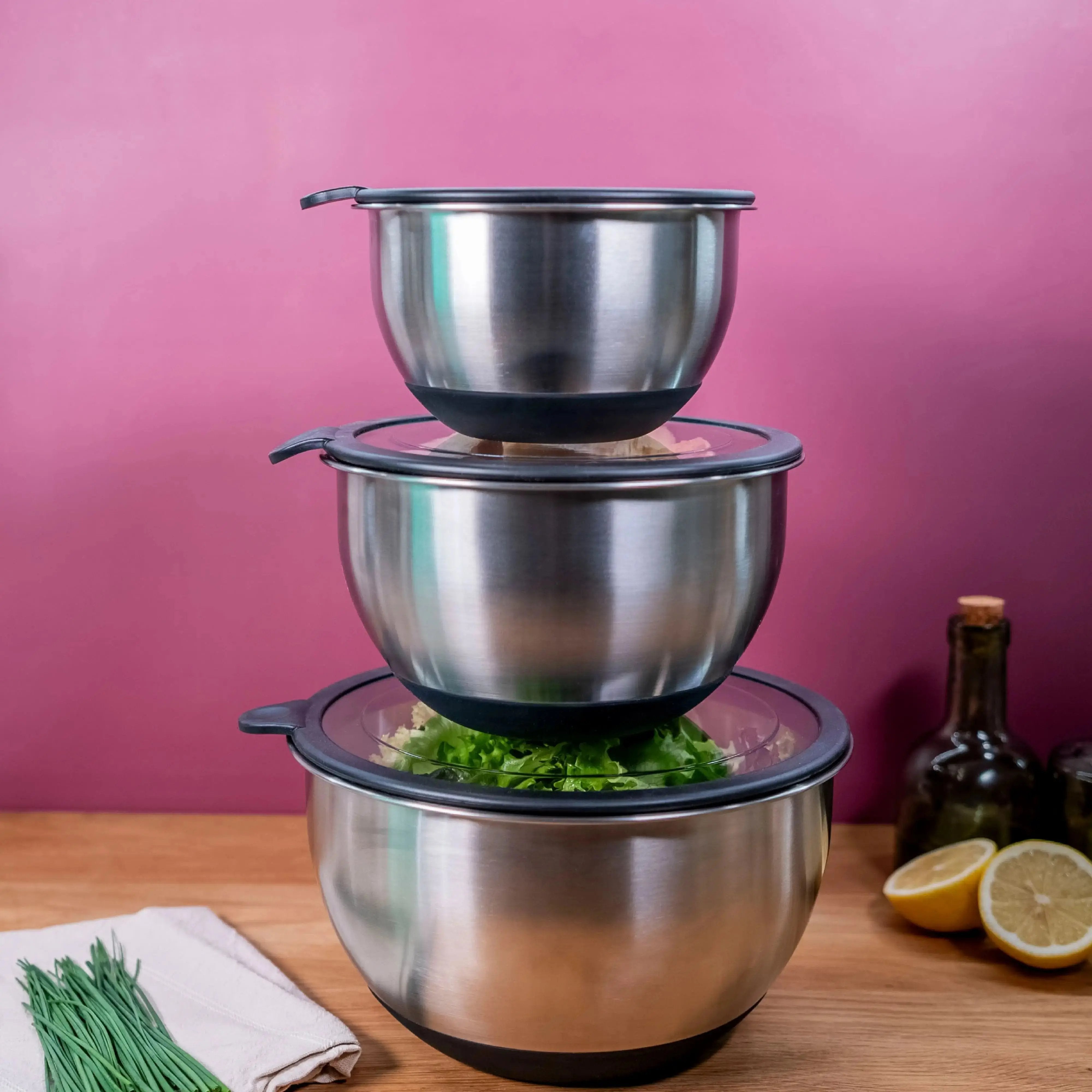 Stainless steel mixing bowl set of 3 with lid | 1.5 L + 3 L + 5 L