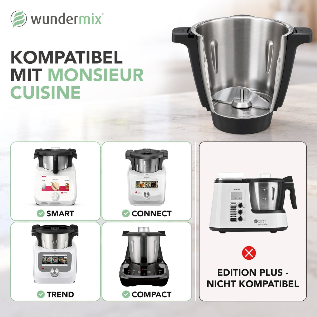 TeigMeister V2 | Edelstahl Kneteinsatz für Monsieur Cuisine Connect, Trend, Smart & Compact - Wundermix GmbH