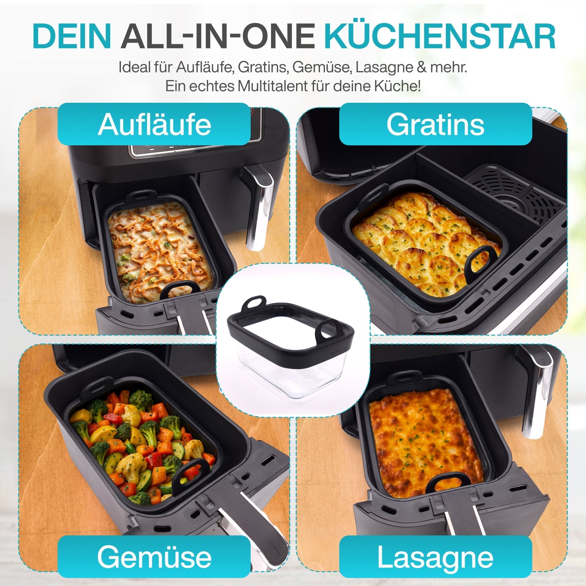 VentiFry Glasauflaufform für Airfryer mit Silikongriffen - Wundermix GmbH