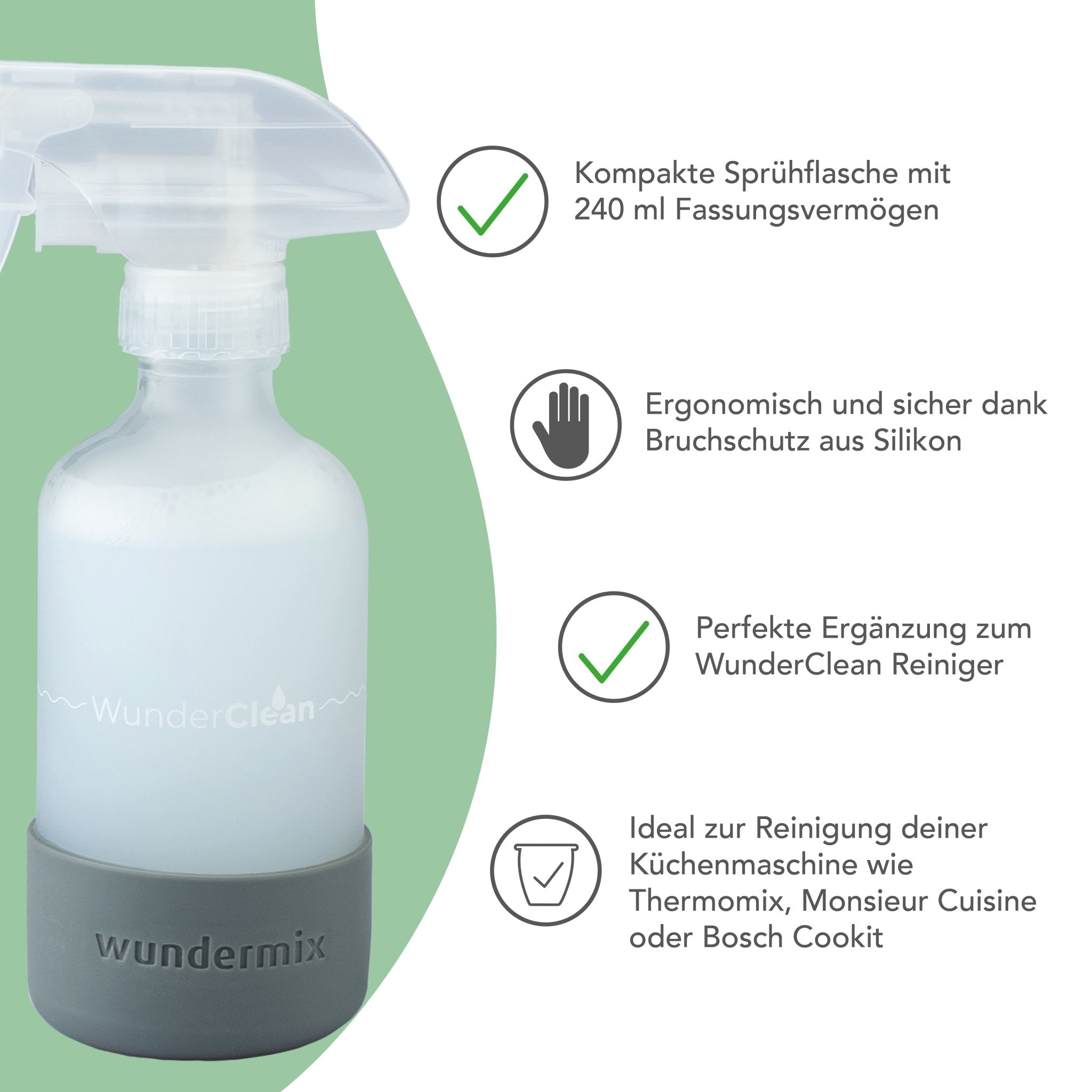 WunderClean Sprühflasche | 240 ml Glasflasche mit Silikon - Bruchschutz für WunderClean Reiniger - Wundermix GmbH