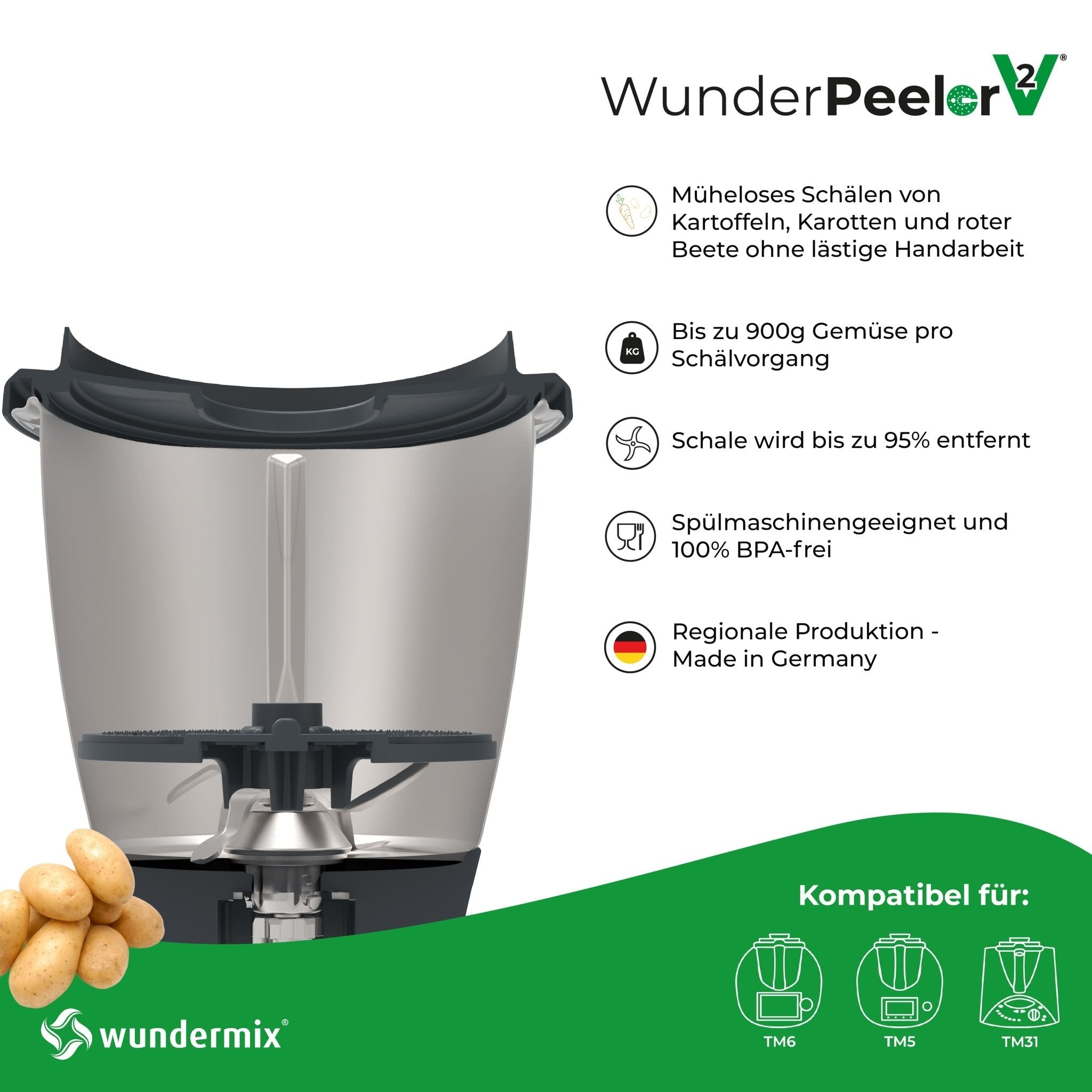 WunderPeeler® | V2 | Kartoffelschäler-Aufsatz für Thermomix TM6, TM5, TM31 - Wundermix GmbH