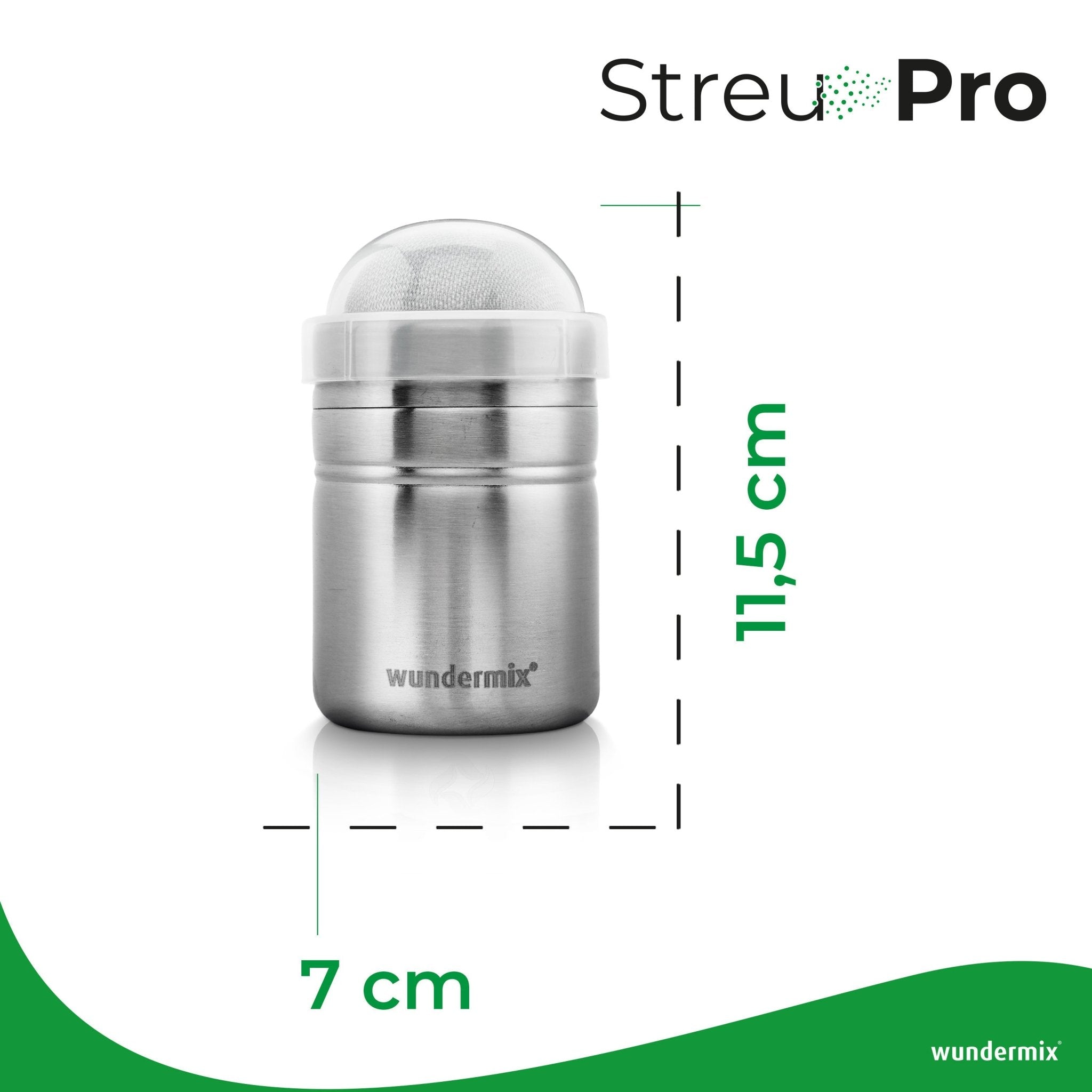 StreuPro | Edelstahl - Streuer für Mehl, Puderzucker, Kakaopulver, Zimtzucker - Wundermix GmbH