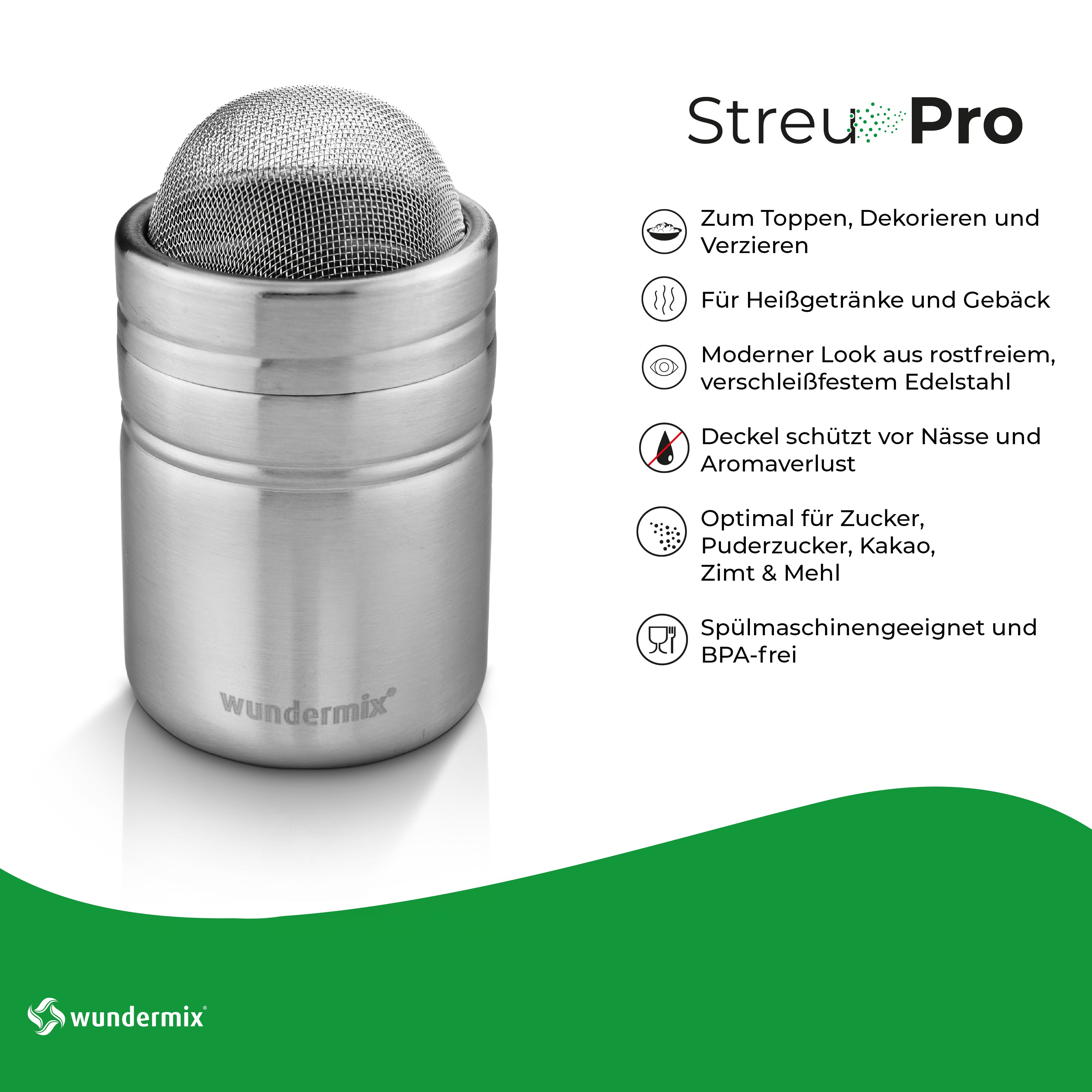 StreuPro | stainless steel shaker for flour, powdered sugar, cocoa powder, cinnamon sugar