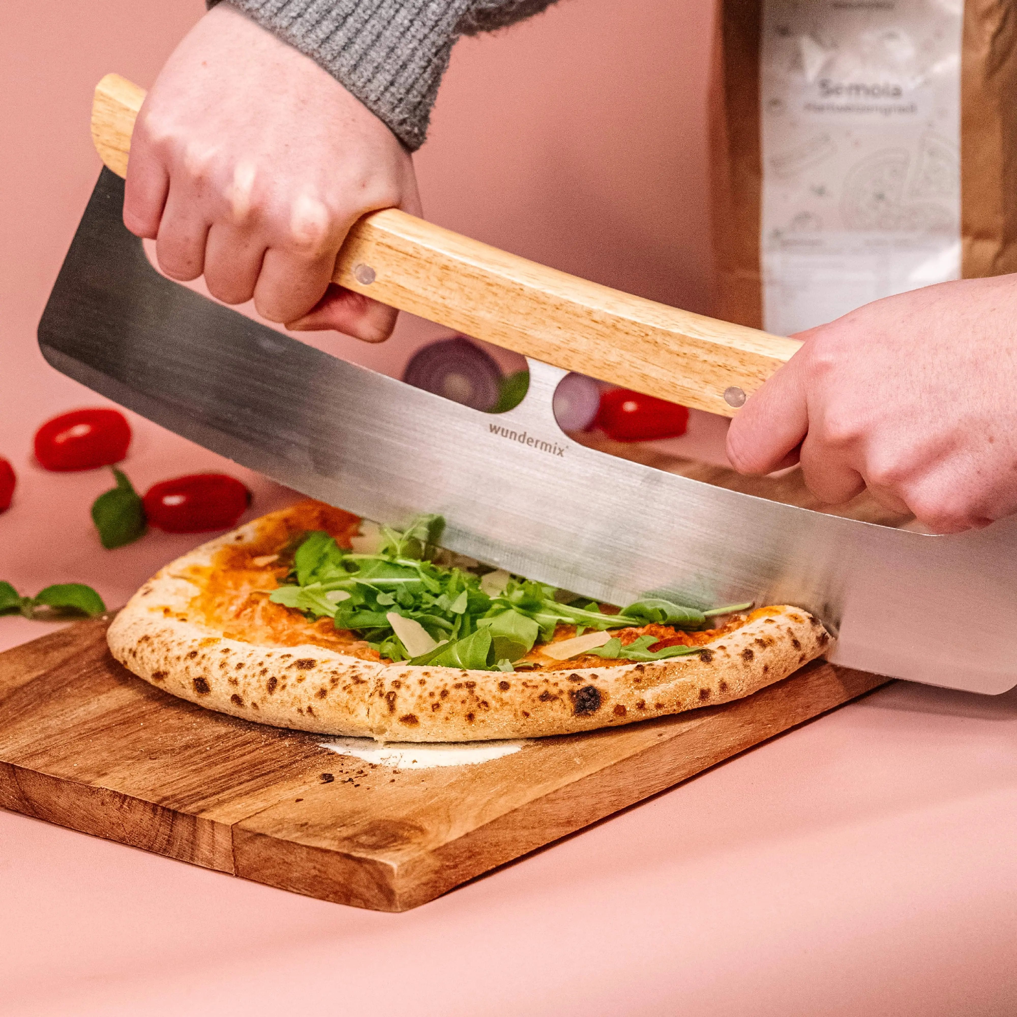 Pizza chopping knife with bamboo wooden handle
