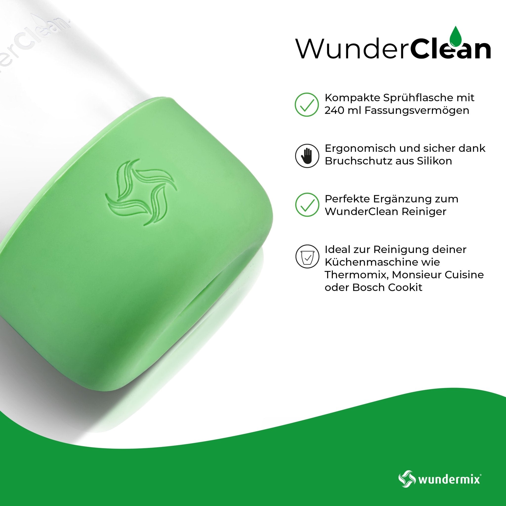 WunderClean Sprühflasche | 240 ml Glasflasche mit Silikon-Bruchschutz für WunderClean Reiniger - Wundermix GmbH