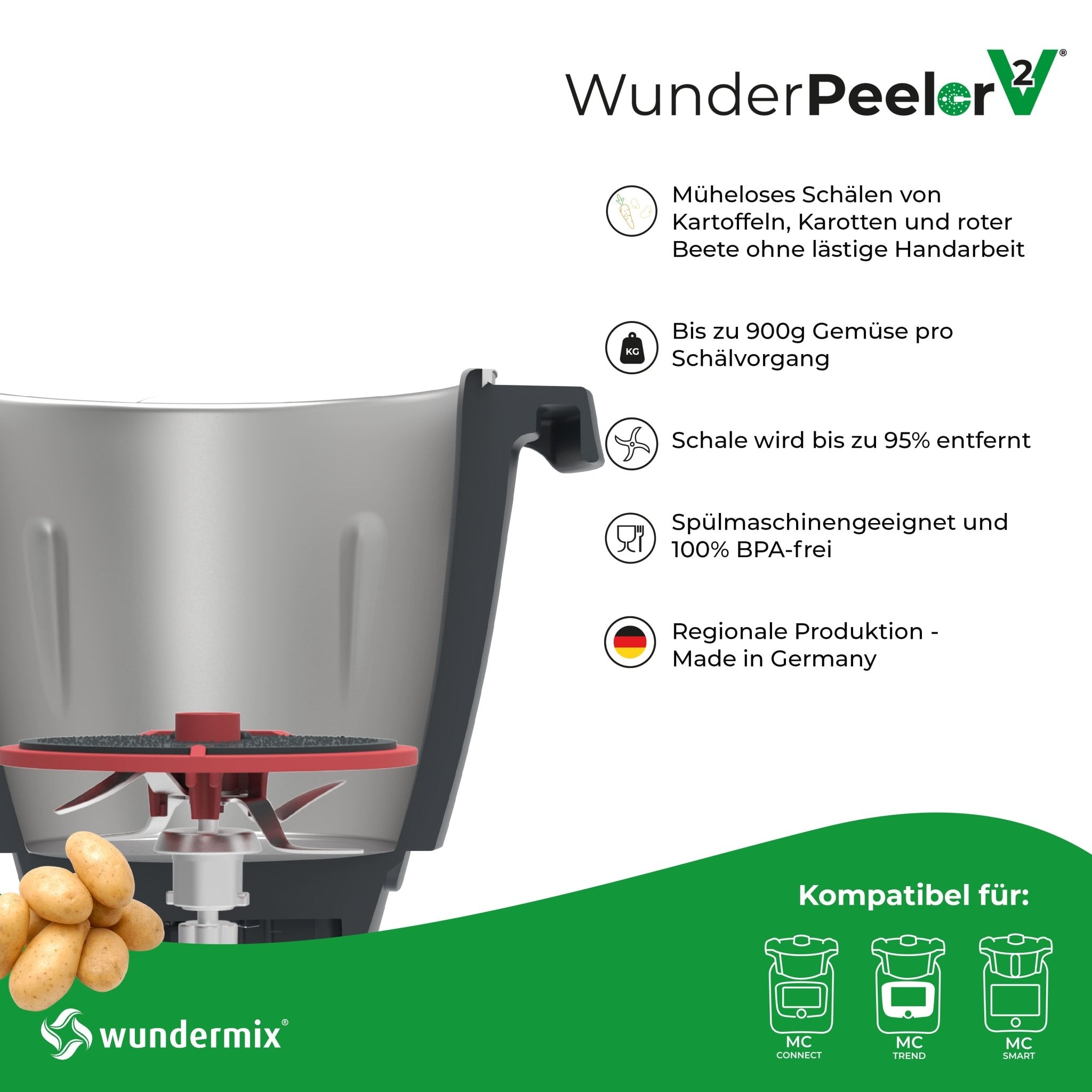 WunderPeeler® | V2 | Kartoffelschäler-Aufsatz für Monsieur Cuisine Connect, Trend und Smart - Wundermix GmbH
